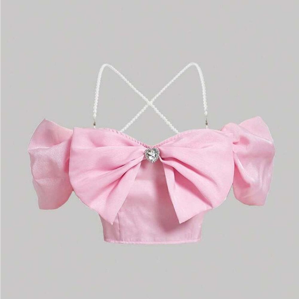 Pink Off-Shoulder Bow Crop Top with Rhinestone Detail